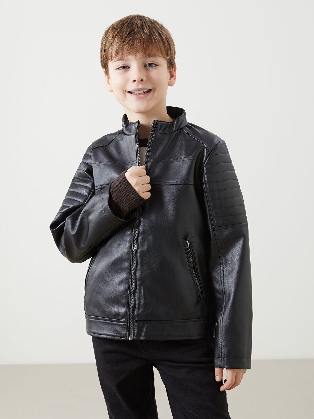 High Collar Leather Look Boy's Coat -S52636Z4-CVL