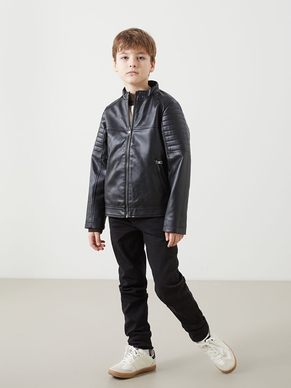 High Collar Leather Look Boy's Coat -S52636Z4-CVL