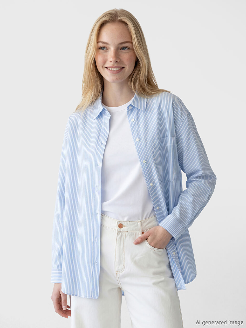 Mavi Çizgili Keten Karışımlı Oversize Kadın Gömlek