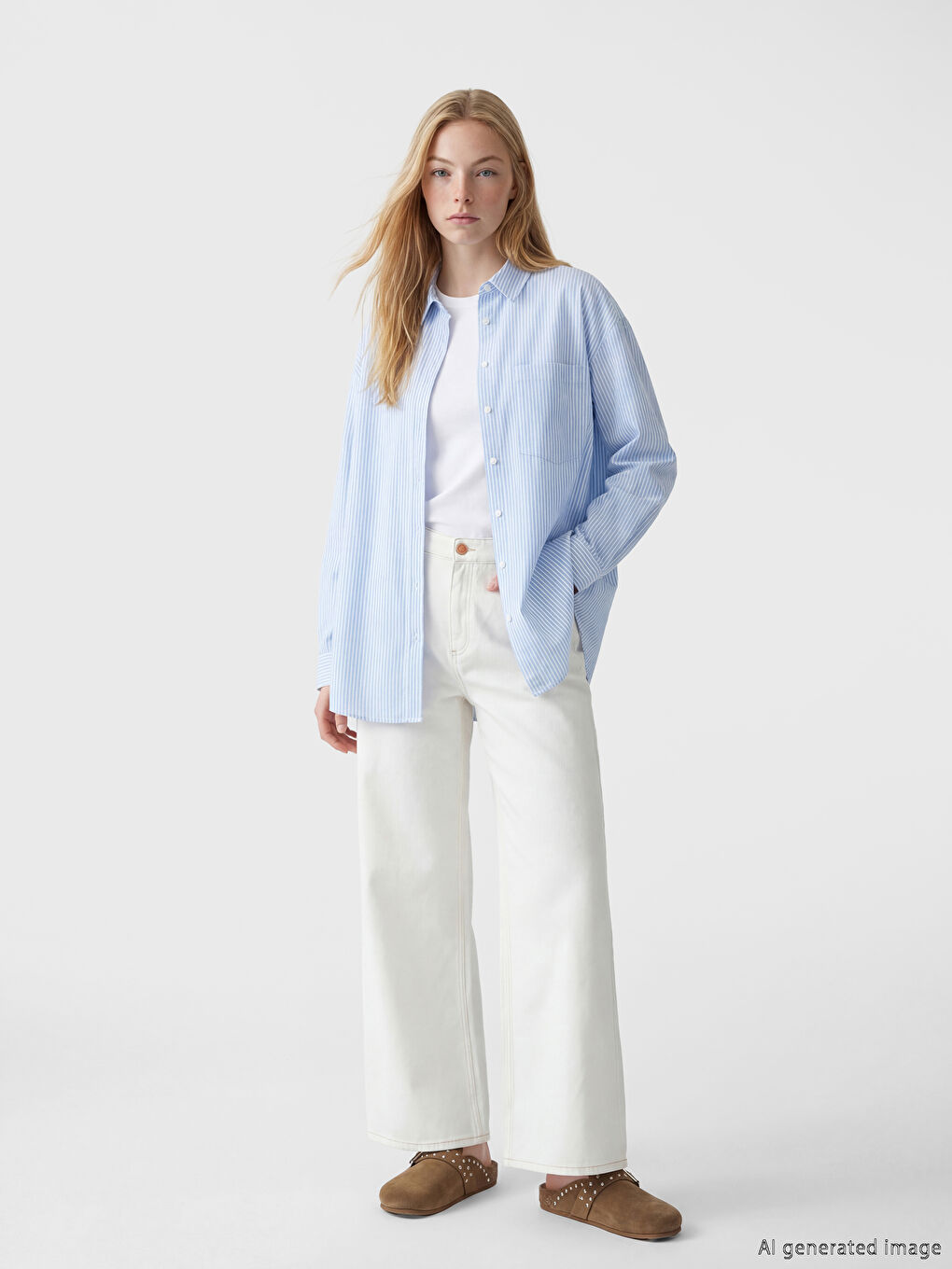 Mavi Çizgili Keten Karışımlı Oversize Kadın Gömlek-1