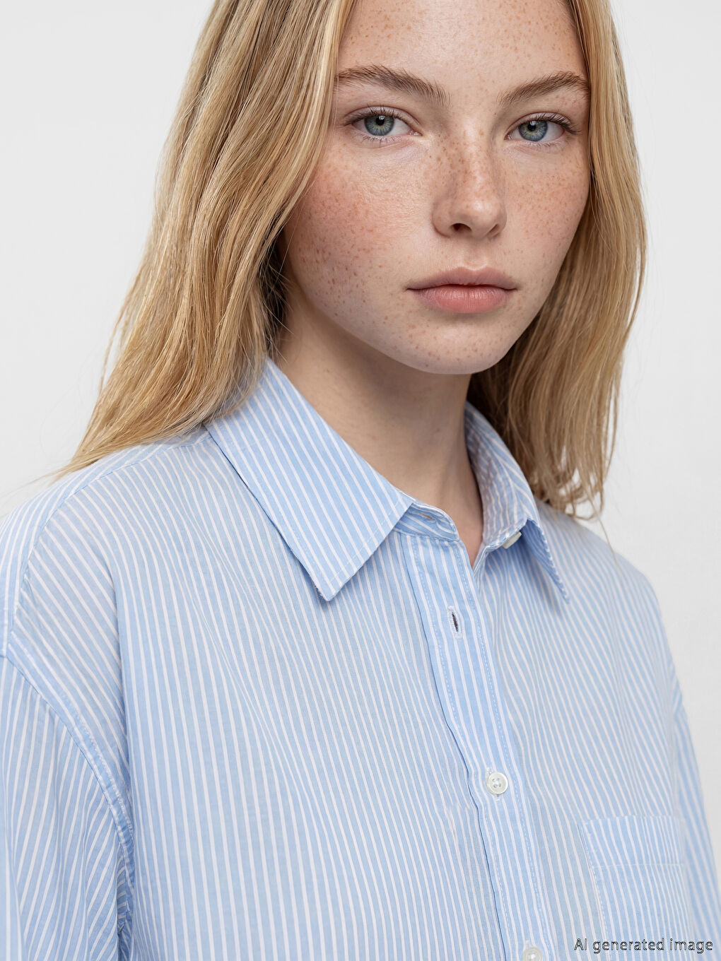 Mavi Çizgili Keten Karışımlı Oversize Kadın Gömlek-2