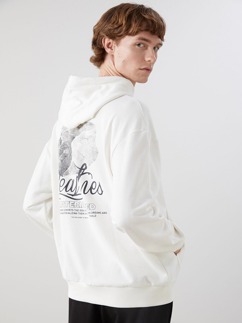 XSIDE Ekru Uzun Kollu Baskılı Erkek Hoodie