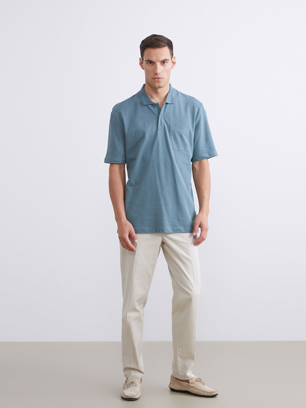 Mavi Polo Yaka Kısa Kollu Pike Erkek Tişört-1