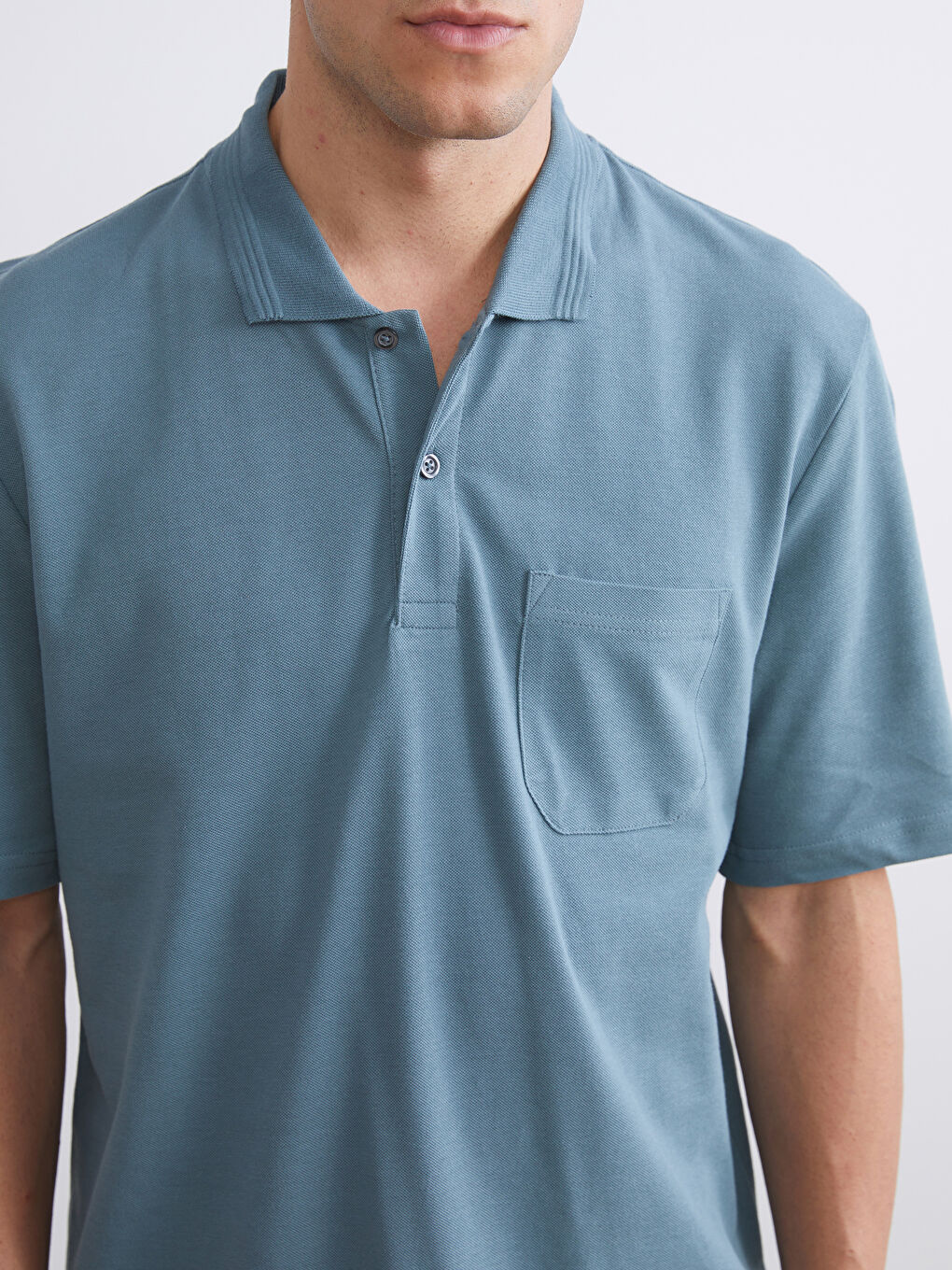 Mavi Polo Yaka Kısa Kollu Pike Erkek Tişört-2