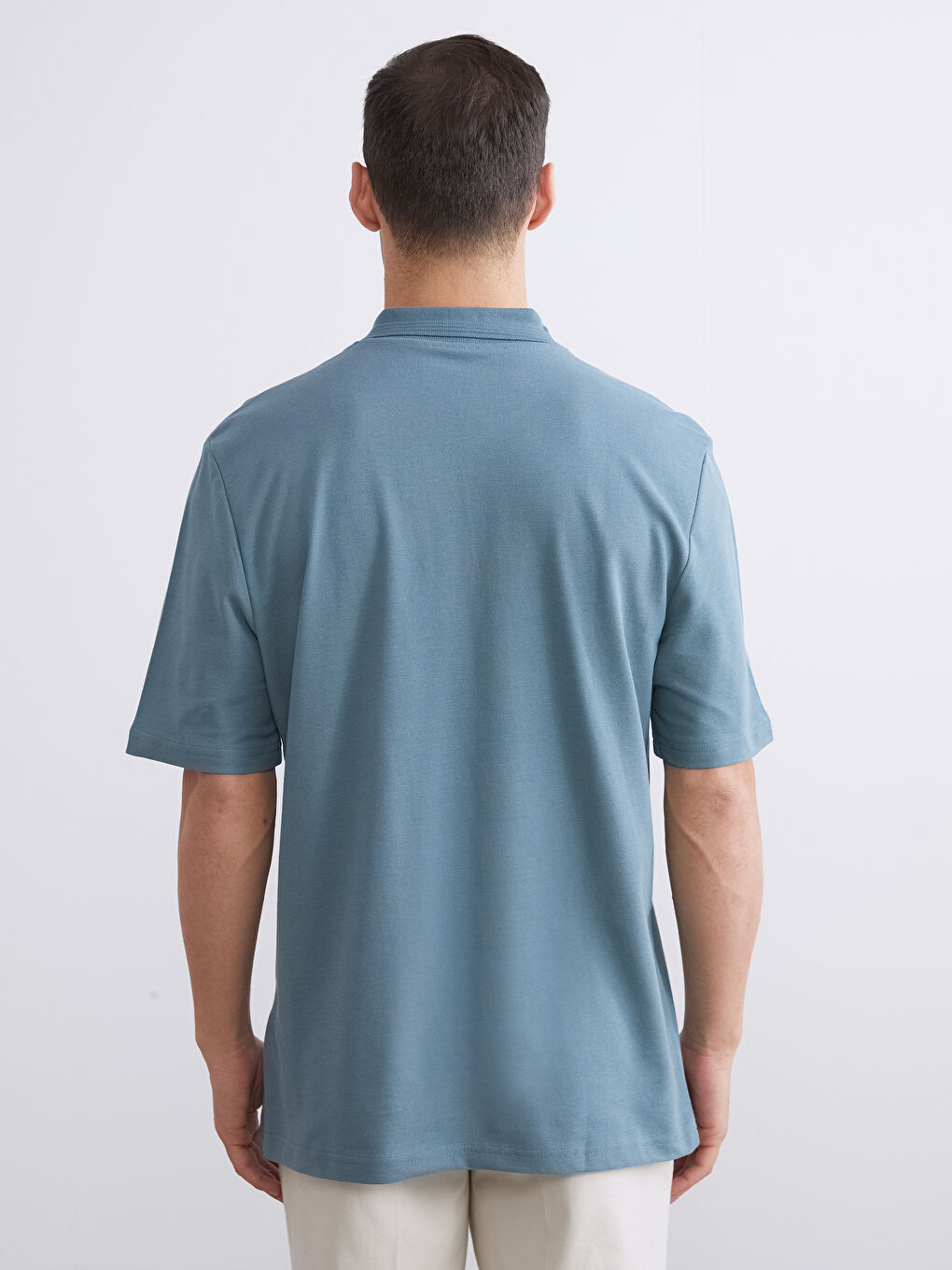 Mavi Polo Yaka Kısa Kollu Pike Erkek Tişört-3