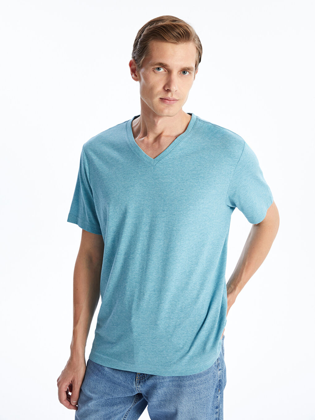 V-Neck Short Sleeve Jersey Men's T-Shirt -S52843Z8-LDB