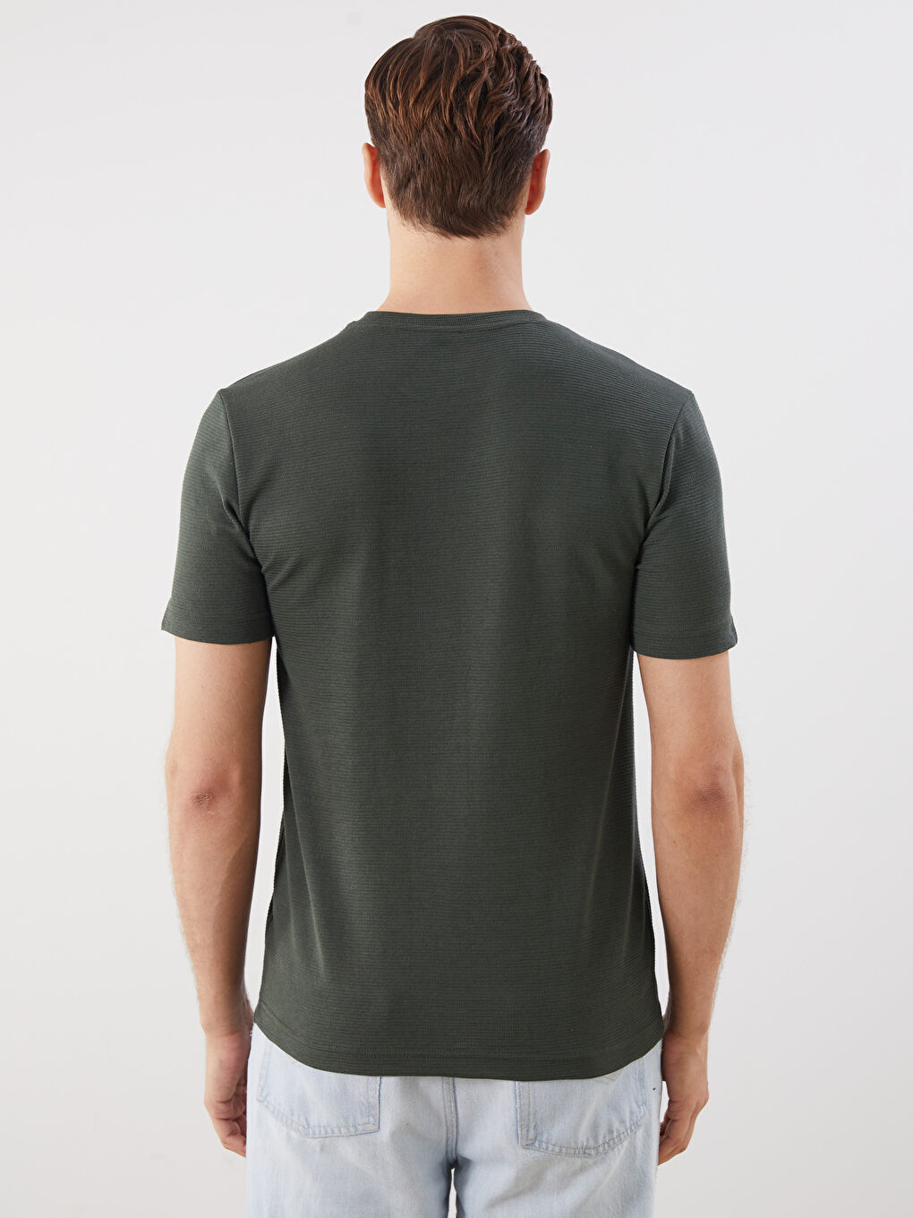 Haki Bisiklet Yaka Kısa Kollu Erkek Dokulu Tişört-3