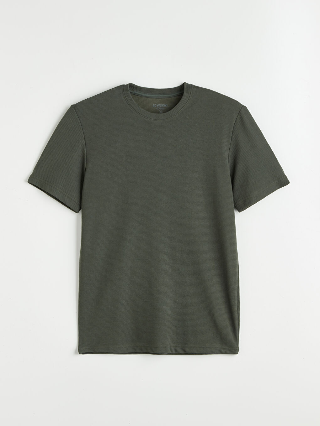 Haki Bisiklet Yaka Kısa Kollu Erkek Dokulu Tişört-4