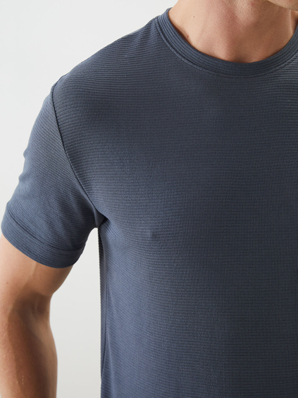 Gri Bisiklet Yaka Kısa Kollu Erkek Dokulu Tişört-2