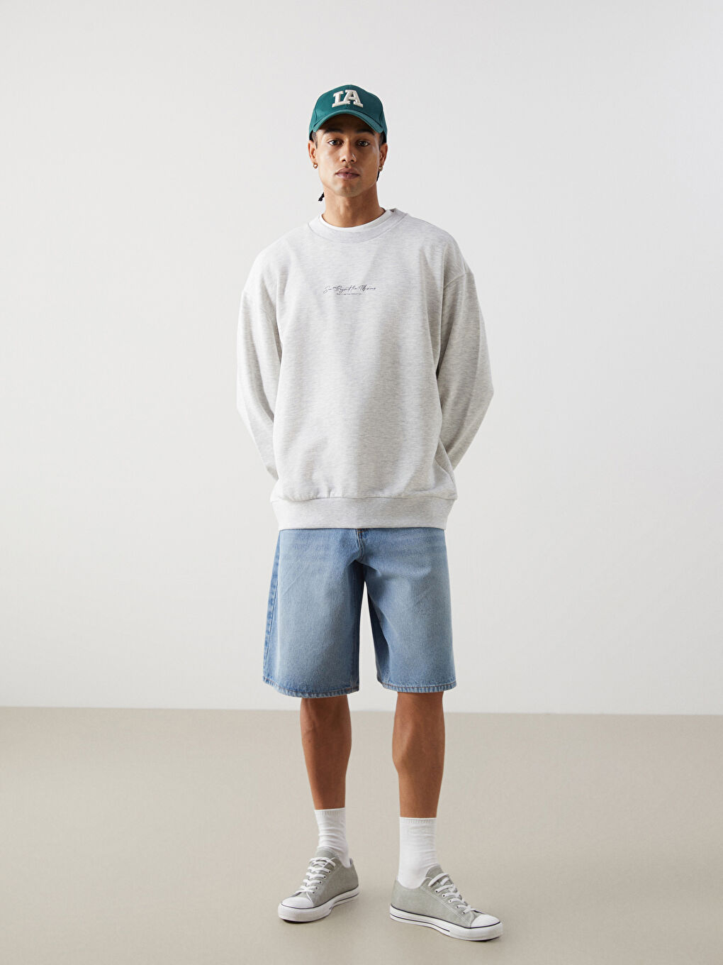 XSIDE Gri Bisiklet Yaka Uzun Kollu Baskılı Erkek Sweatshirt - 1