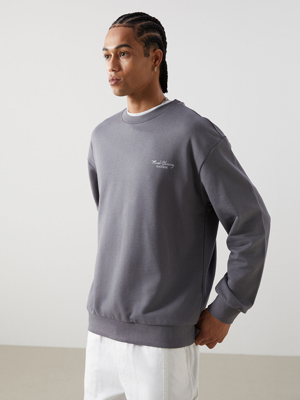 XSIDE Gri Bisiklet Yaka Uzun Kollu Baskılı Erkek Sweatshirt