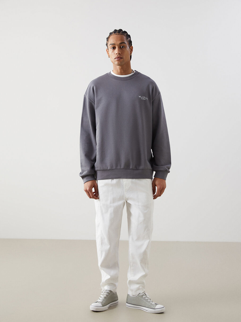 XSIDE Gri Bisiklet Yaka Uzun Kollu Baskılı Erkek Sweatshirt - 1