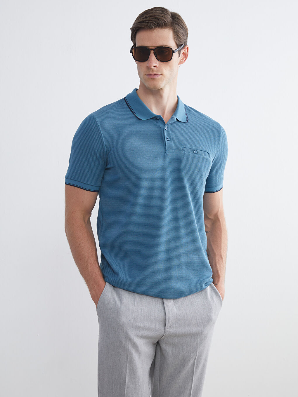 Polo Neck Short Sleeve Men's Textured T-Shirt