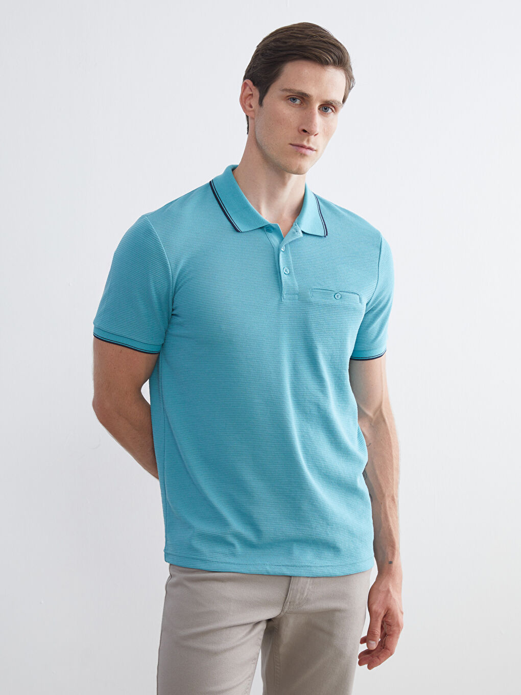 Turkuaz Polo Yaka Kısa Kollu Erkek Dokulu Tişört
