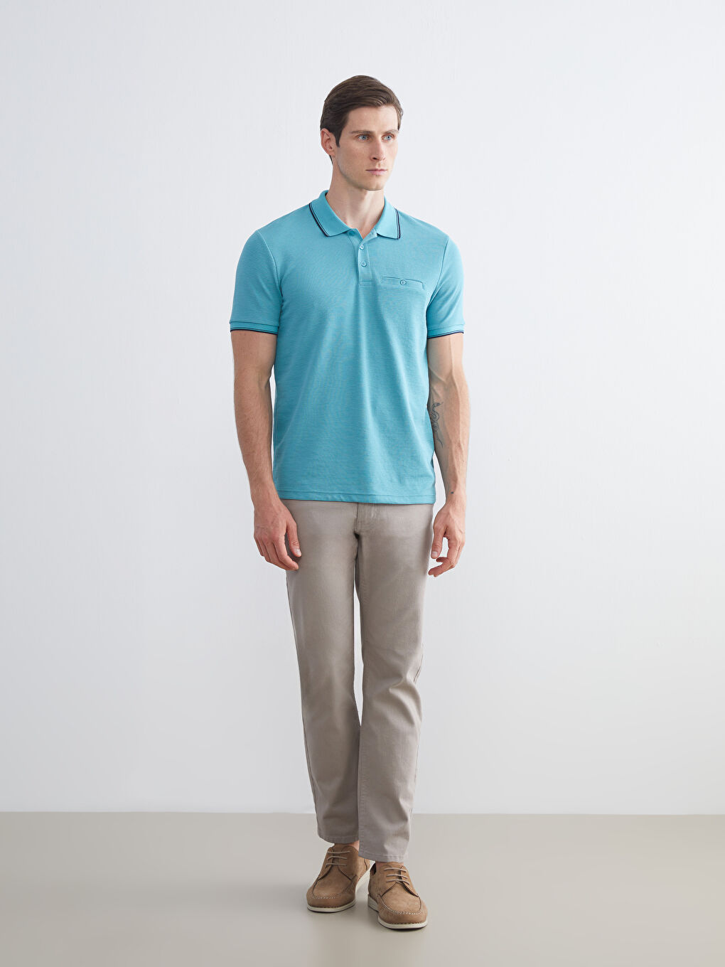 Turkuaz Polo Yaka Kısa Kollu Erkek Dokulu Tişört-1