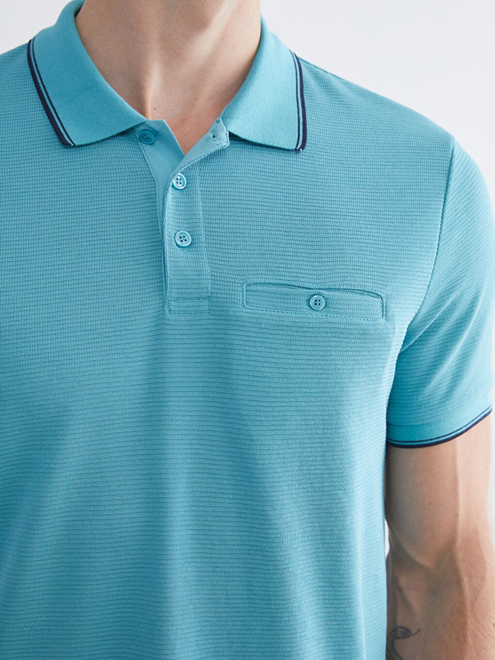 Turkuaz Polo Yaka Kısa Kollu Erkek Dokulu Tişört-2
