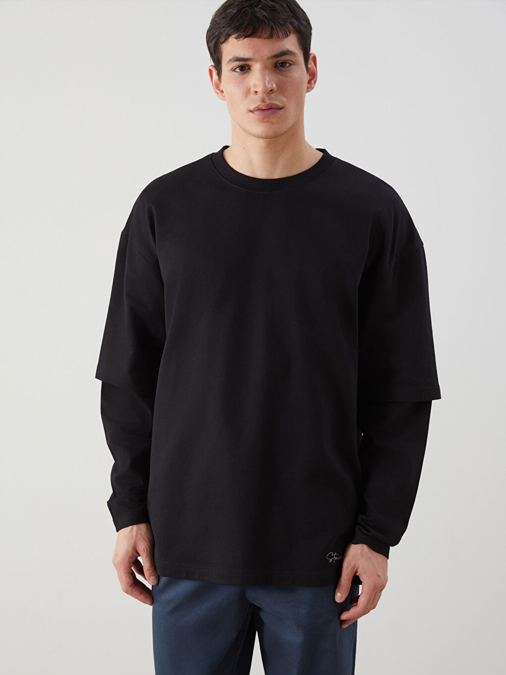 Siyah Bisiklet Yaka Uzun Kollu Erkek Sweatshirt