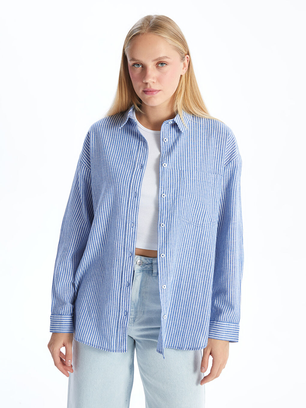 Striped Oversize Linen Blend Women's Shirt -S53018Z8-LEN