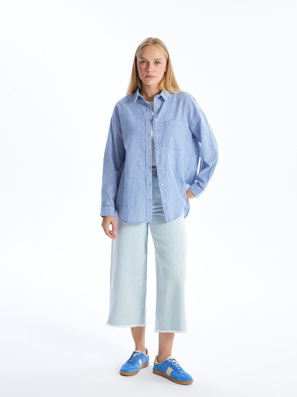 Striped Oversize Linen Blend Women's Shirt -S53018Z8-LEN