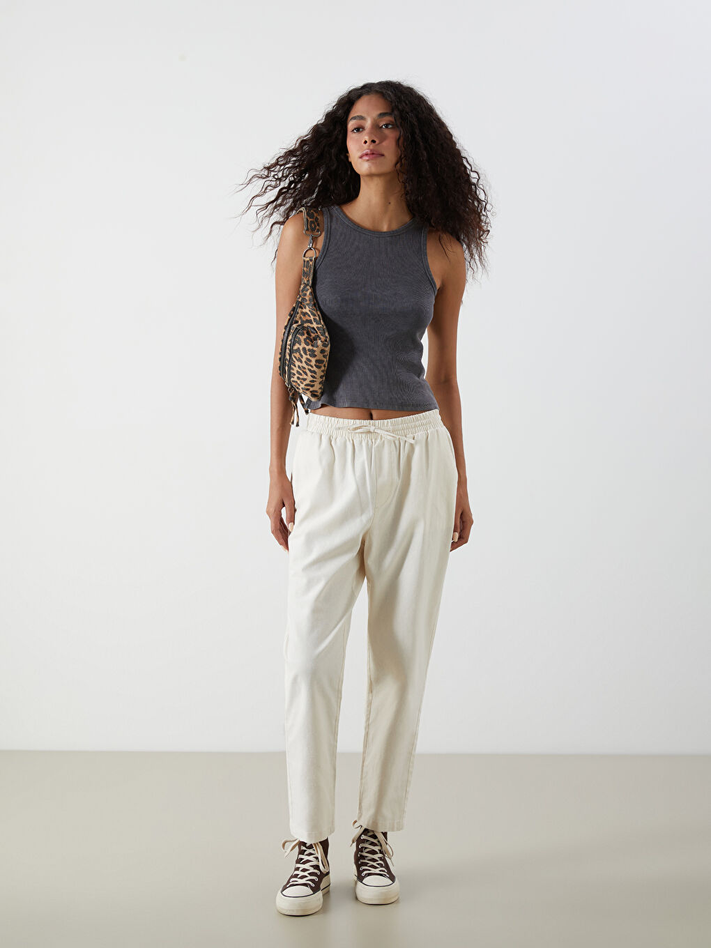 Pantalone za žene od mešavine lana sa elastičnim strukom -S53024Z8-VHM