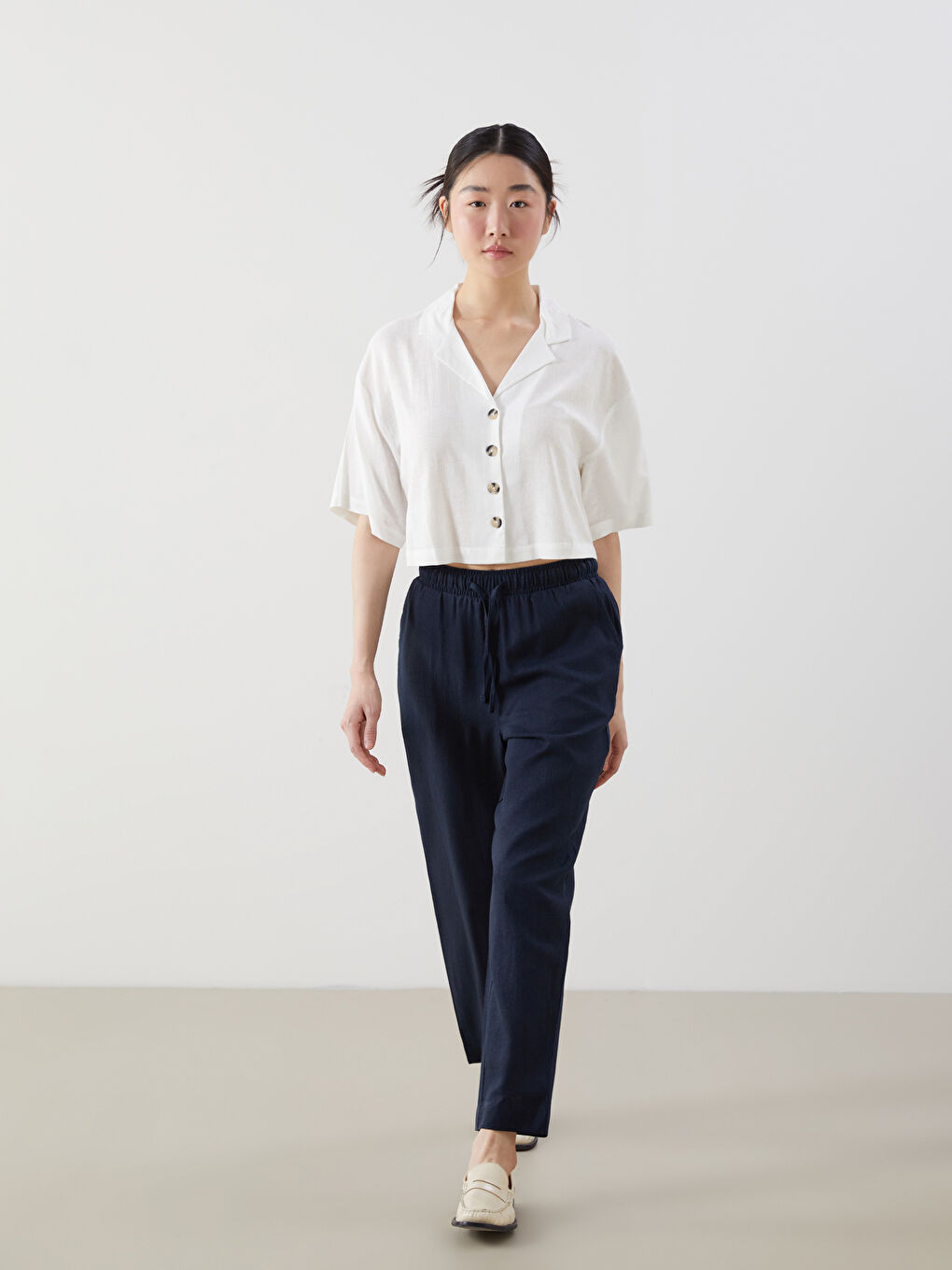 Women's Elastic Waist Linen Blend Trousers -S53025Z8-CSH