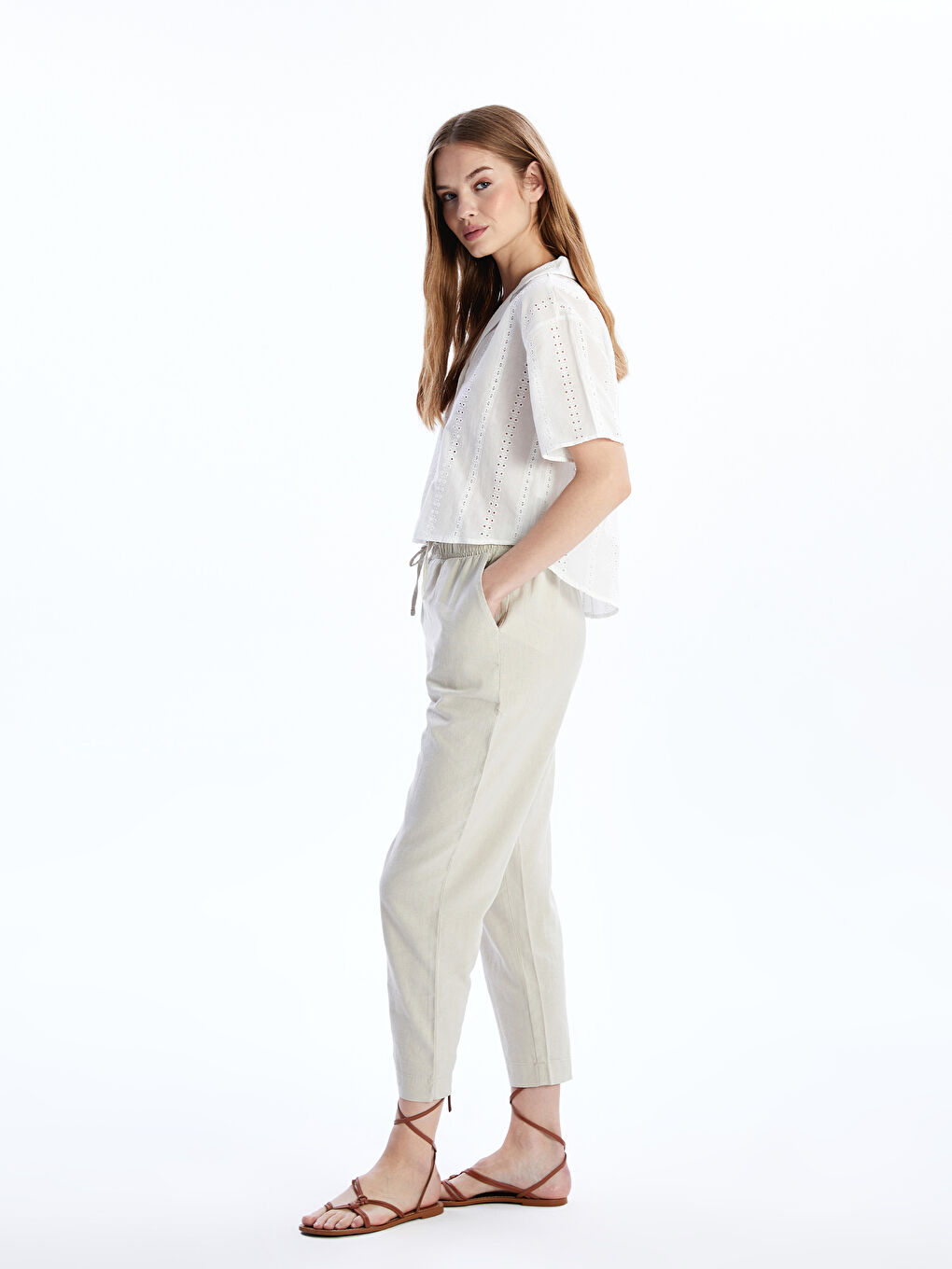 Women's Elastic Waist Linen Blend Trousers