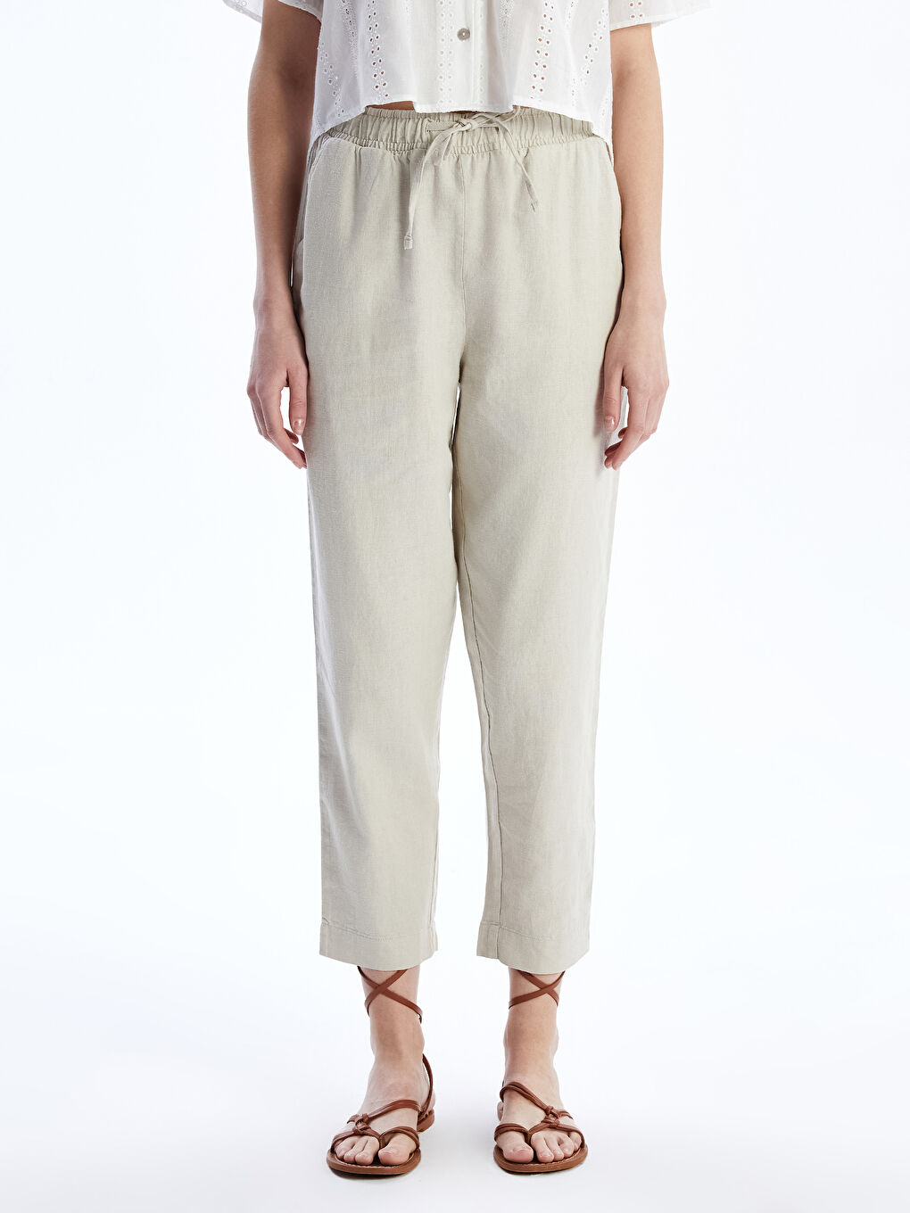 Women's Elastic Waist Linen Blend Trousers-1