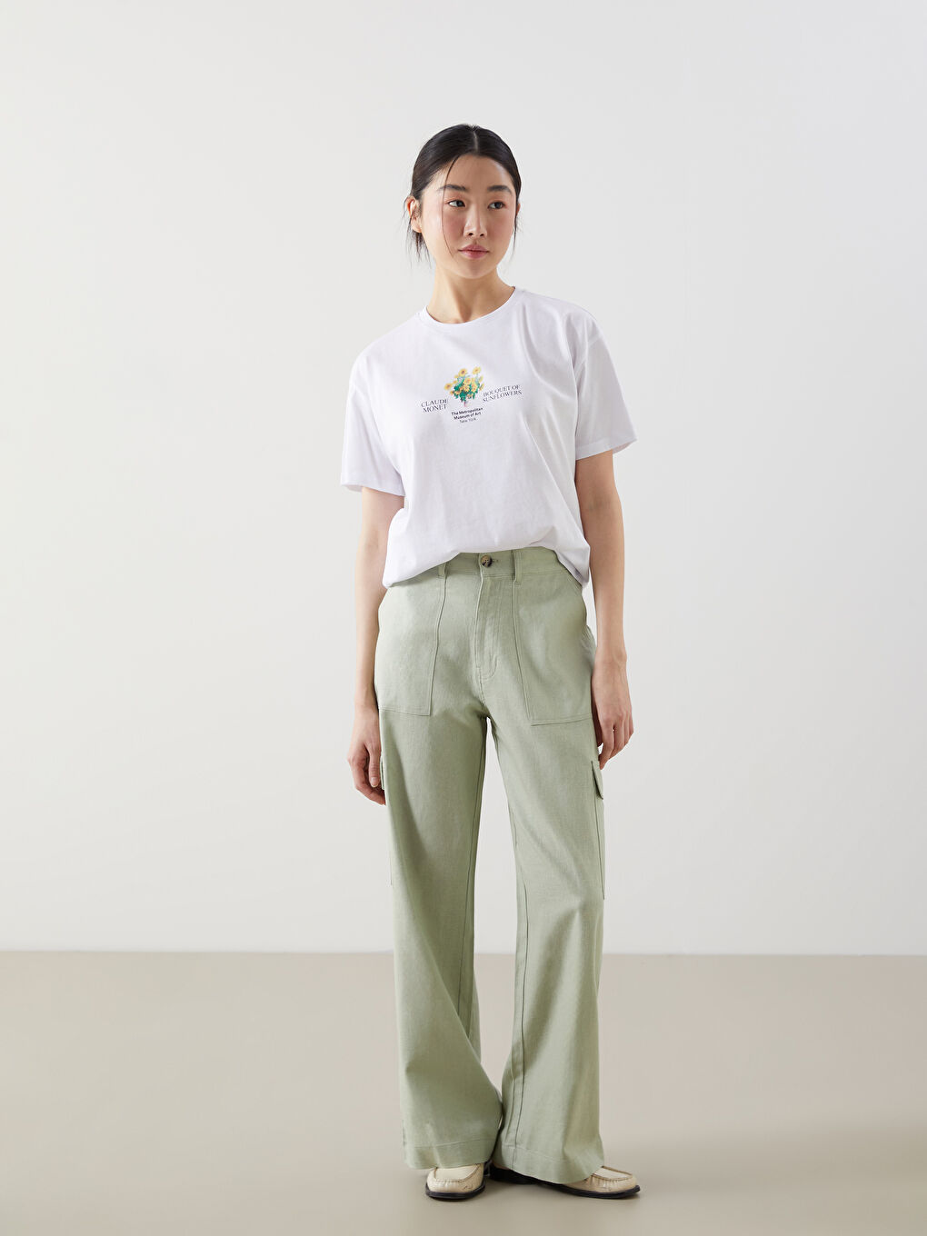 Loose Fit Linen Blend Women's Cargo Trousers -S53027Z8-VKZ