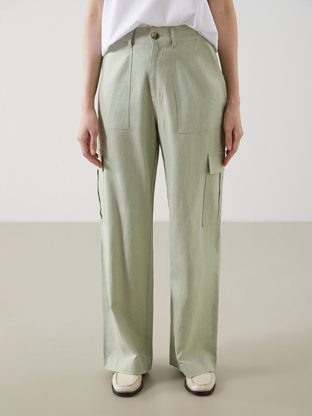 Loose Fit Linen Blend Women's Cargo Trousers -S53027Z8-VKZ