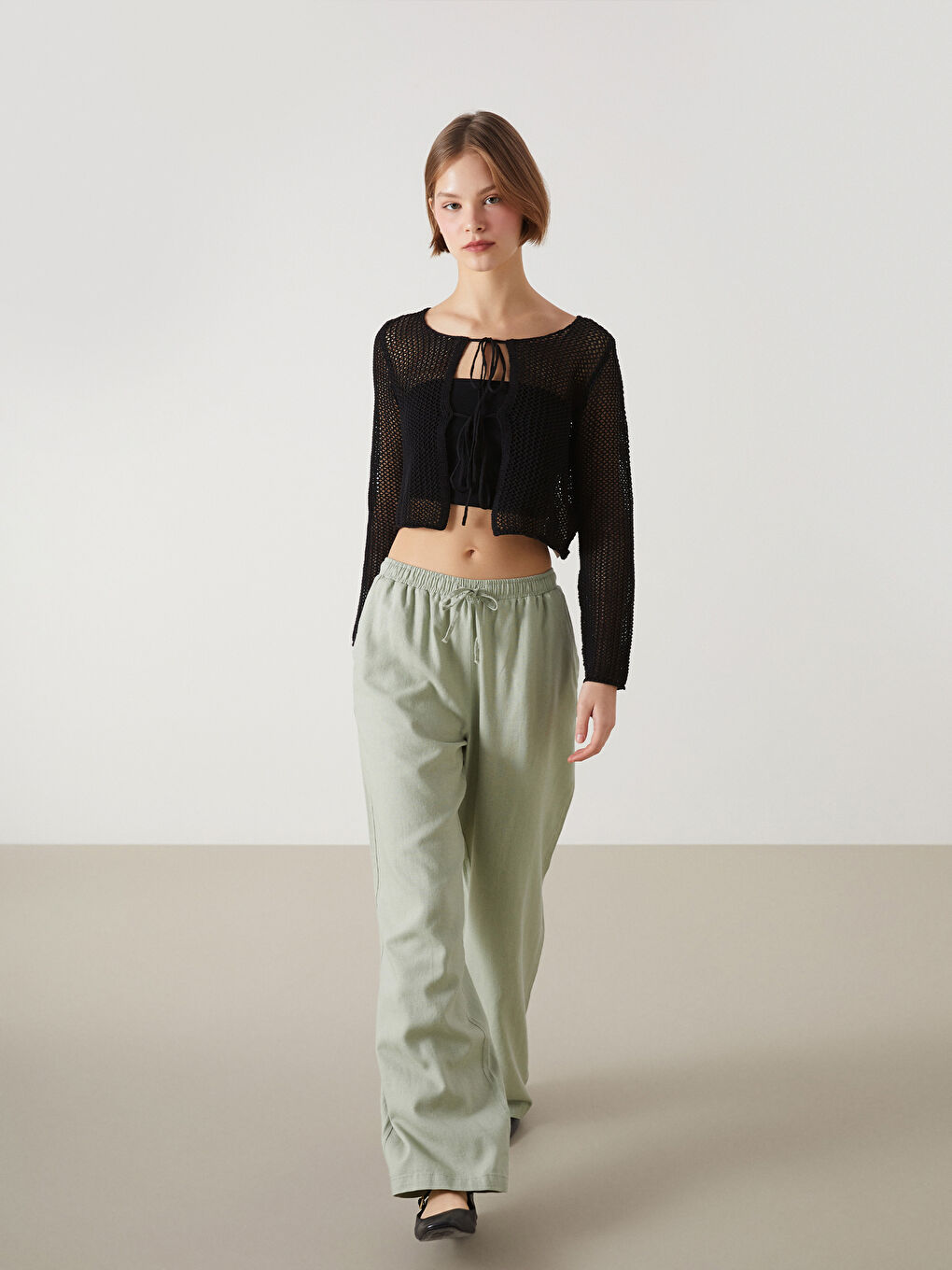 Pantalone za žene od mešavine lana sa elastičnim strukom -S53028Z8-SRB