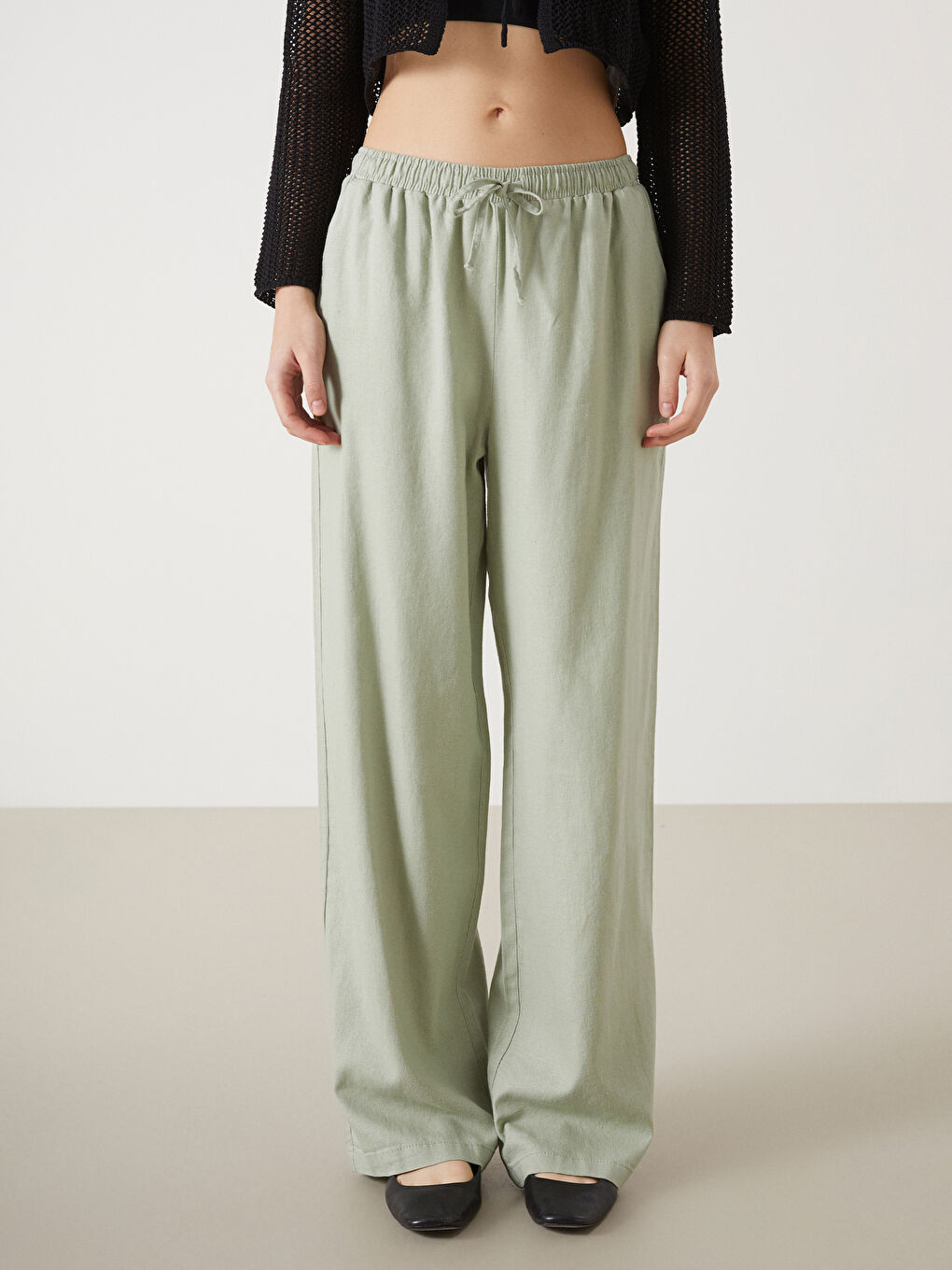 Pantalone za žene od mešavine lana sa elastičnim strukom -S53028Z8-SRB