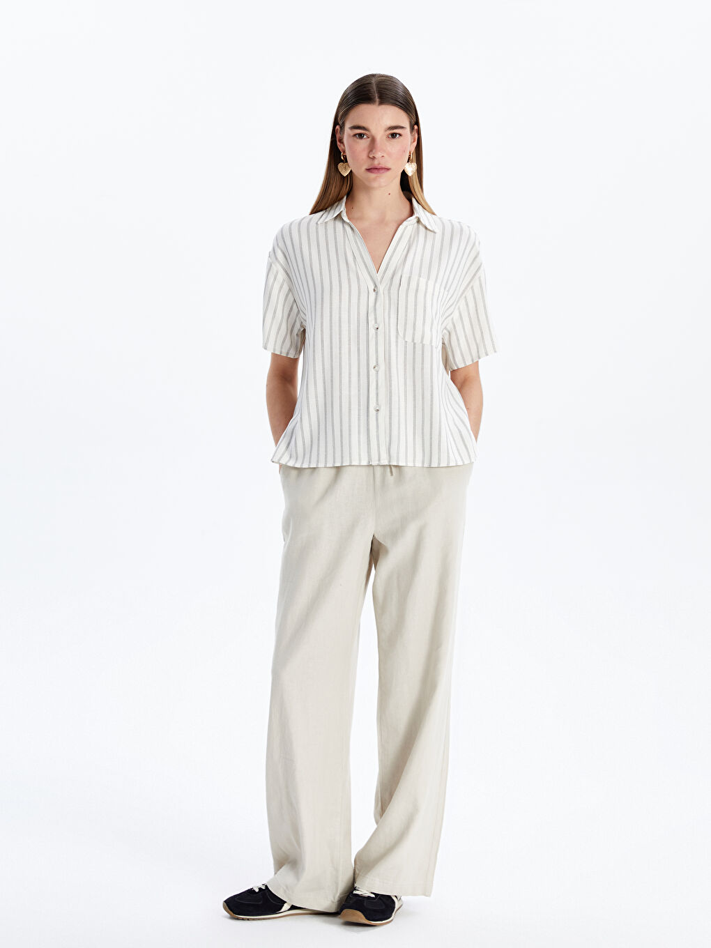 Pantalone za žene od mešavine lana sa elastičnim strukom -S53028Z8-VHM