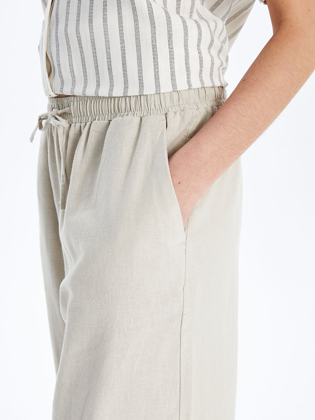 Pantalone za žene od mešavine lana sa elastičnim strukom -S53028Z8-VHM
