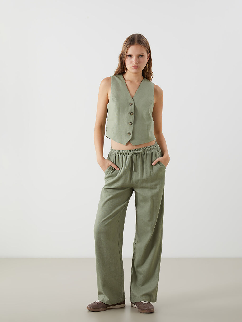 Pantalone za žene od mešavine lana sa elastičnim strukom -S53028Z8-VVR