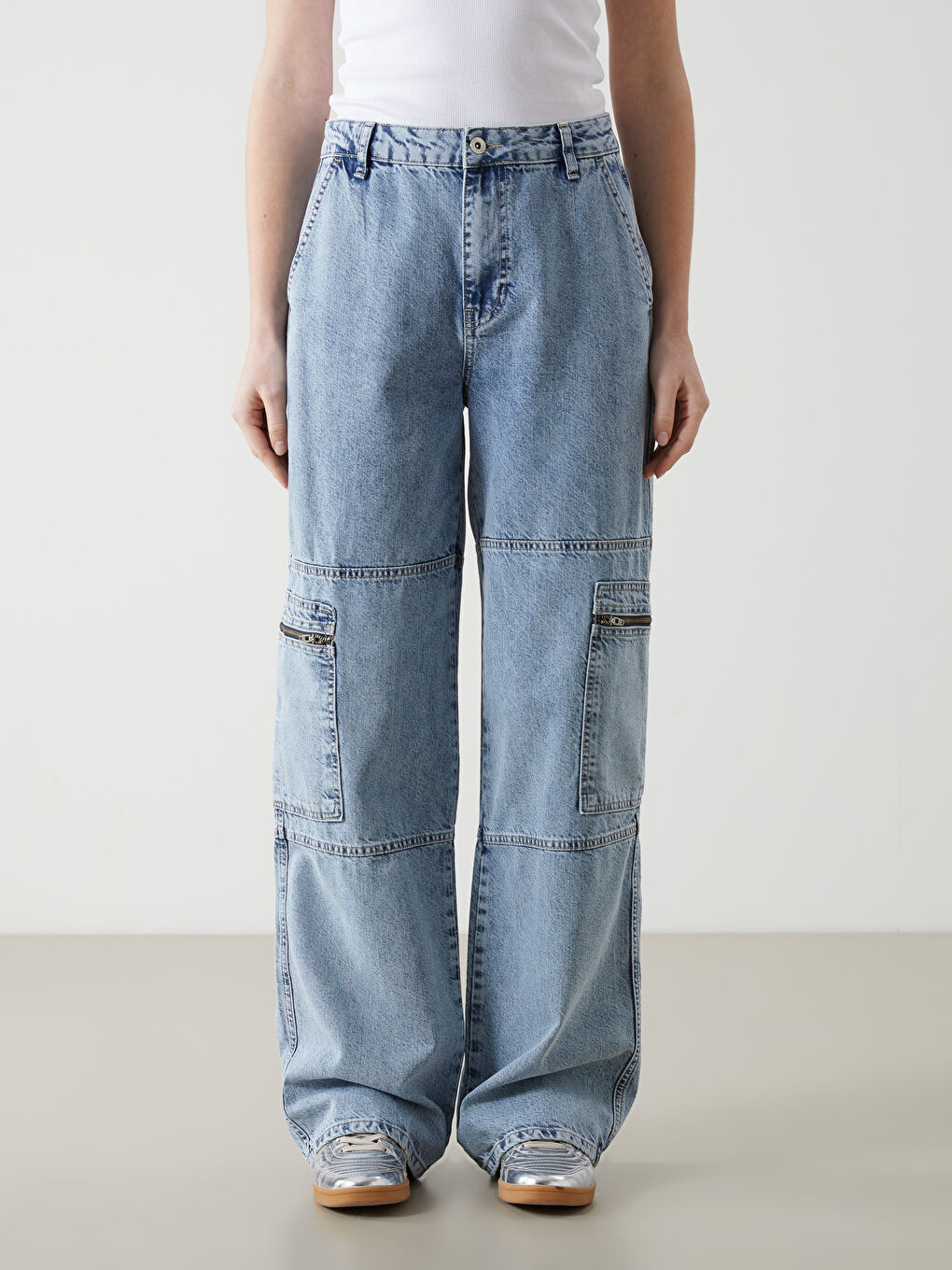 Mavi Yüksek Bel Wideleg Kadın Kargo Jean Pantolon-1