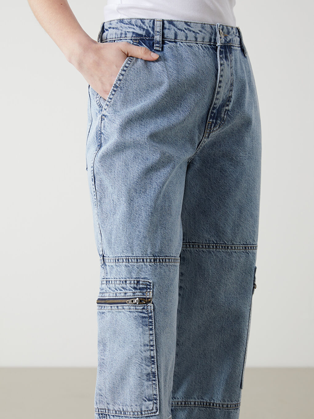 Mavi Yüksek Bel Wideleg Kadın Kargo Jean Pantolon-2