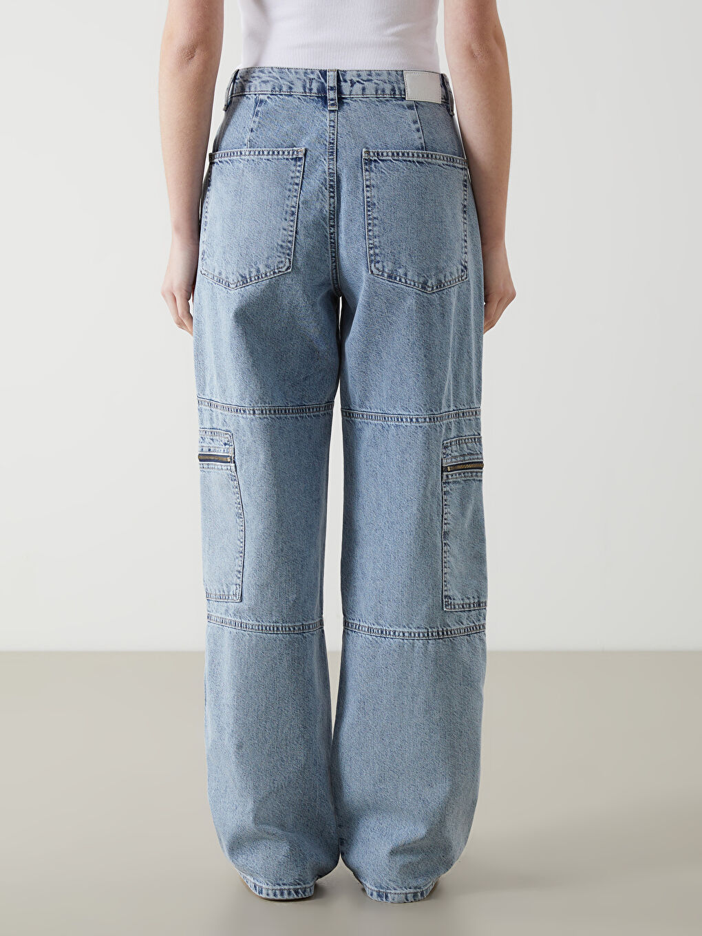 Mavi Yüksek Bel Wideleg Kadın Kargo Jean Pantolon-3