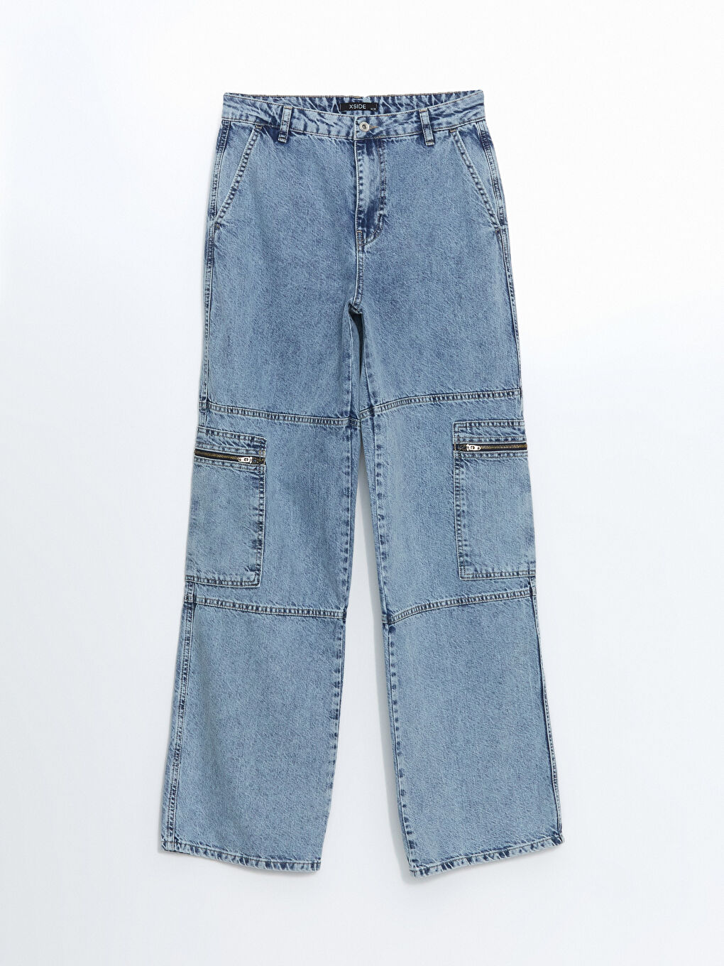 Mavi Yüksek Bel Wideleg Kadın Kargo Jean Pantolon-4