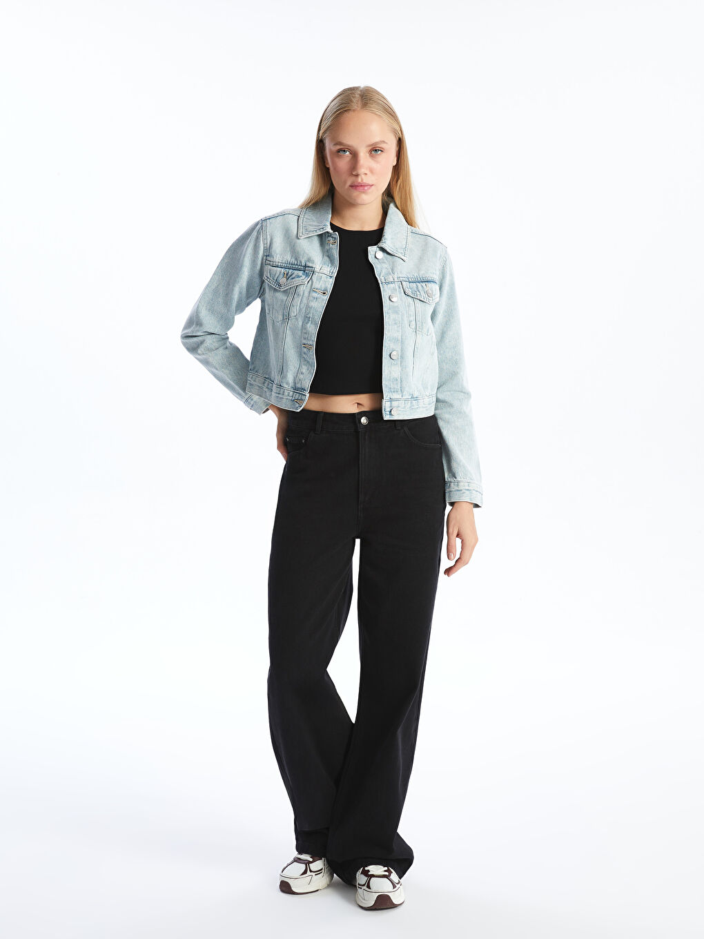 Kragenhals Taschen Jeansjacke für Damen-1