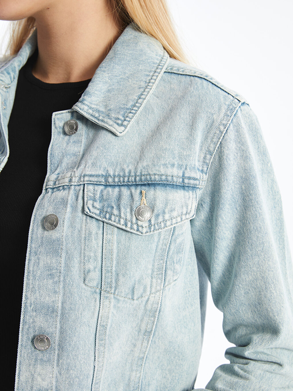 Kragenhals Taschen Jeansjacke für Damen-2