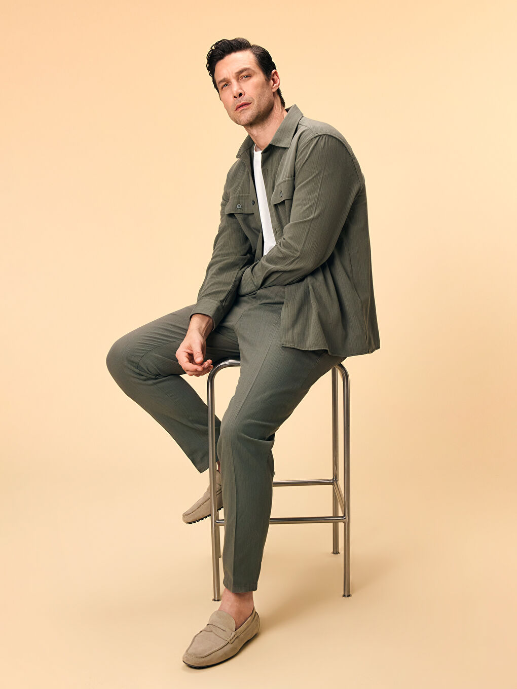 Regular Fit Linen Blend Men's Pleated Chino Trousers -S53165Z8-YFH