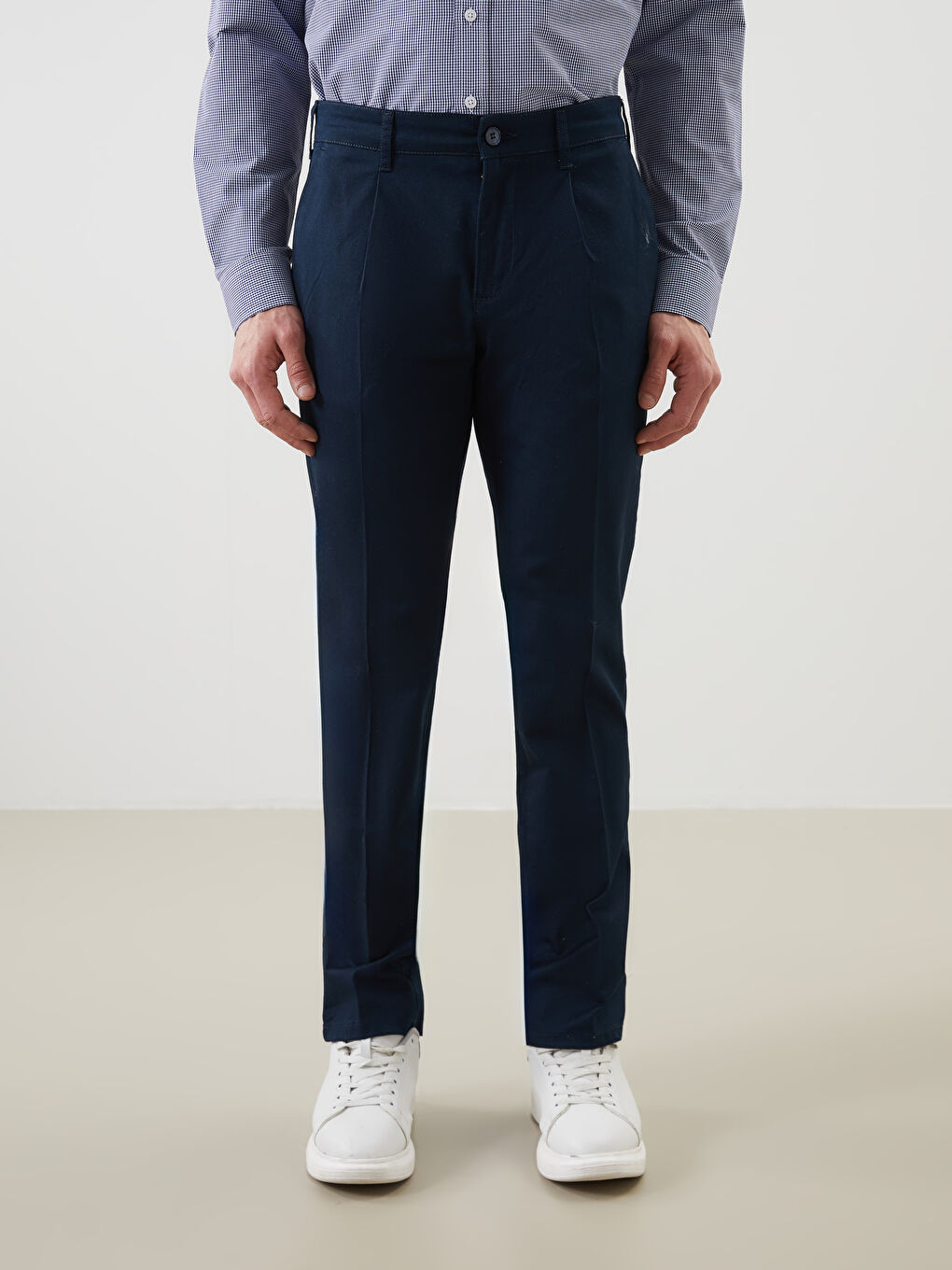 Lacivert Standart Kalıp Erkek Pileli Chino Pantolon-1