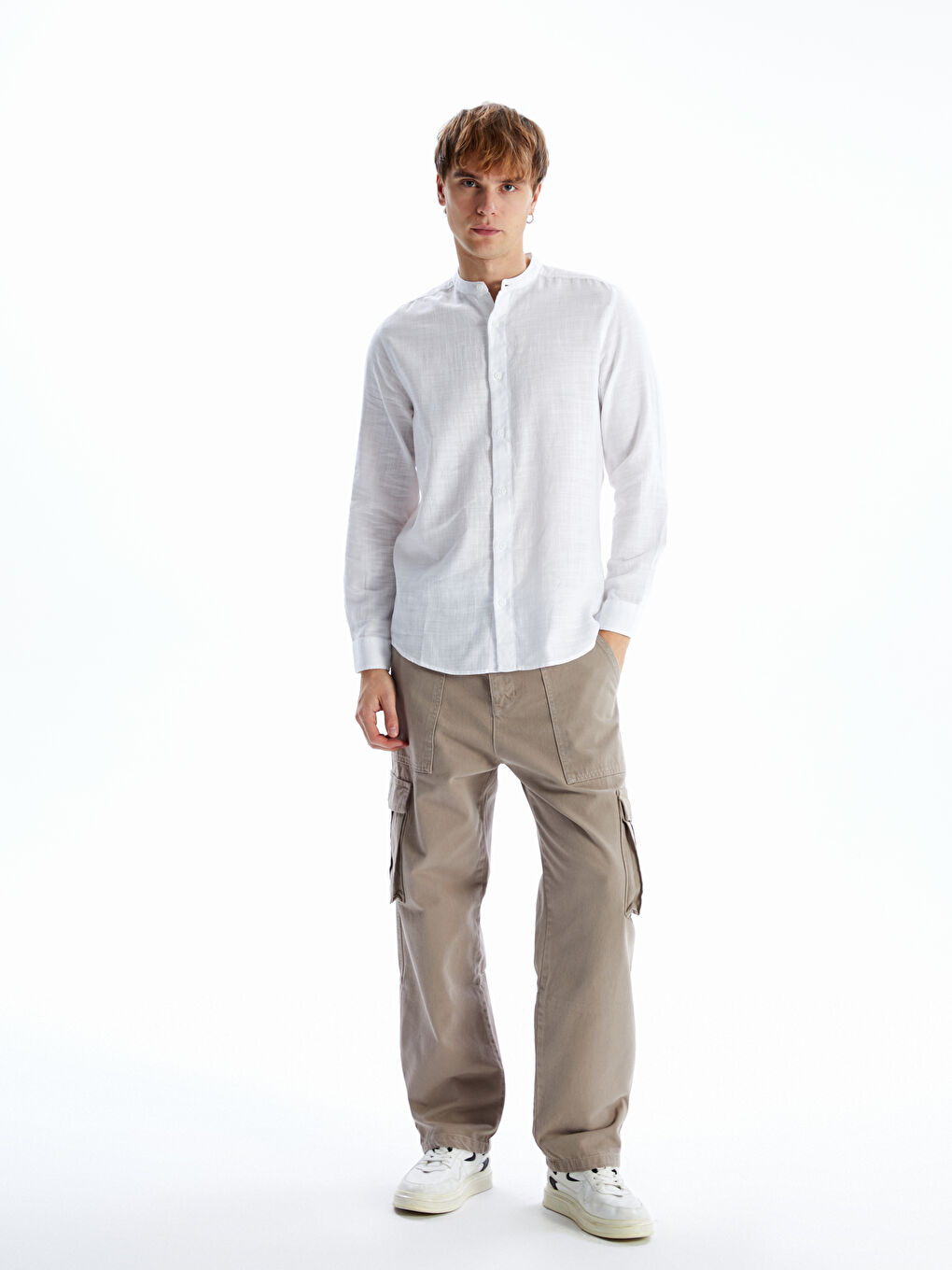 Рубашка с длинным рукавом, стандартного кроя, с воротником-стойкой для мужчин-1