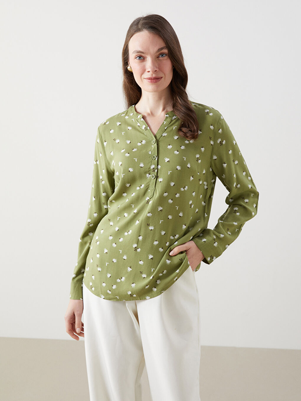 Notch Neck Patterned Women's Blouse -S53332Z8-LS6