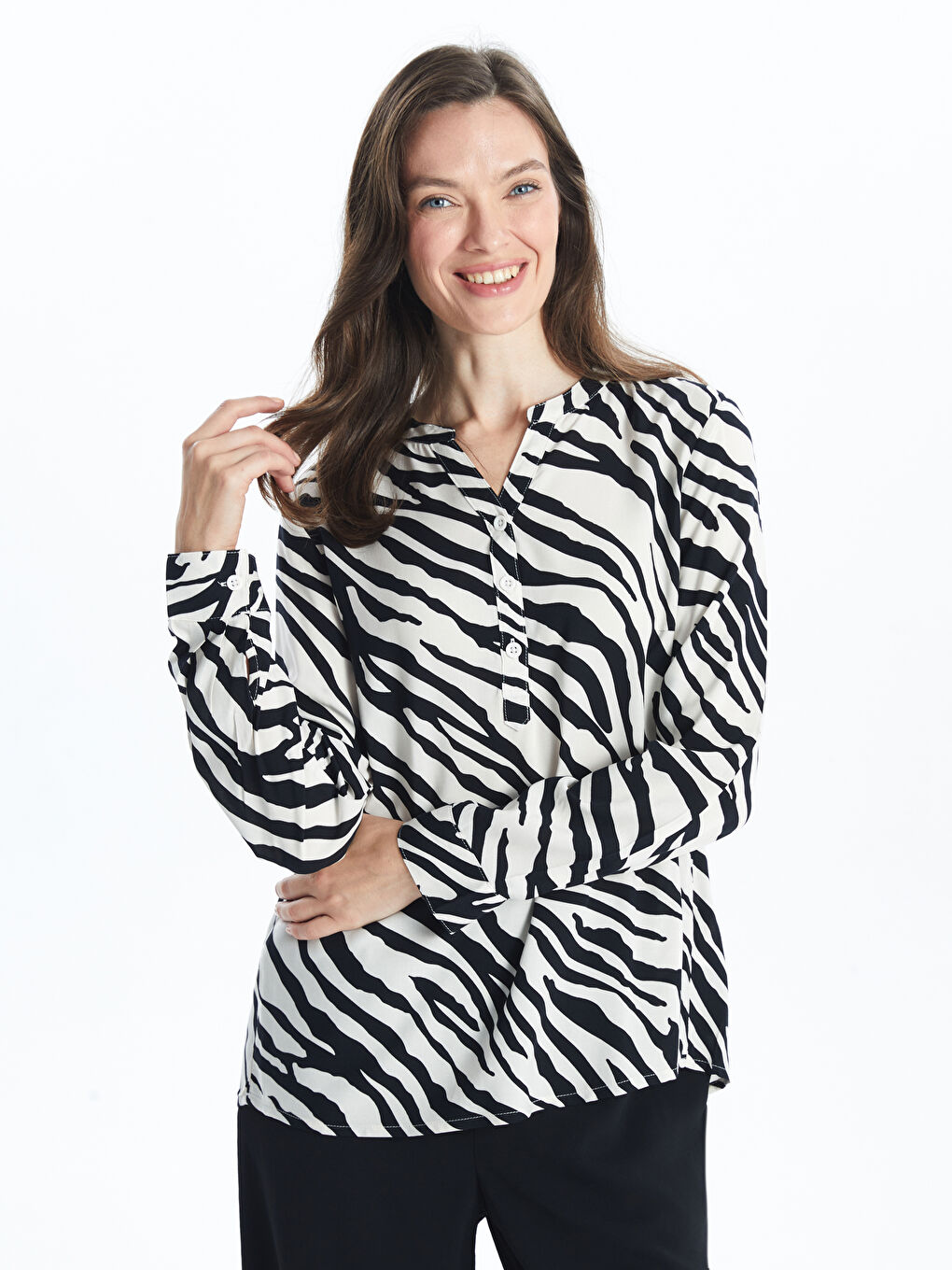 Henley Neckline Patterned Women's Blouse -S53332Z8-SWC