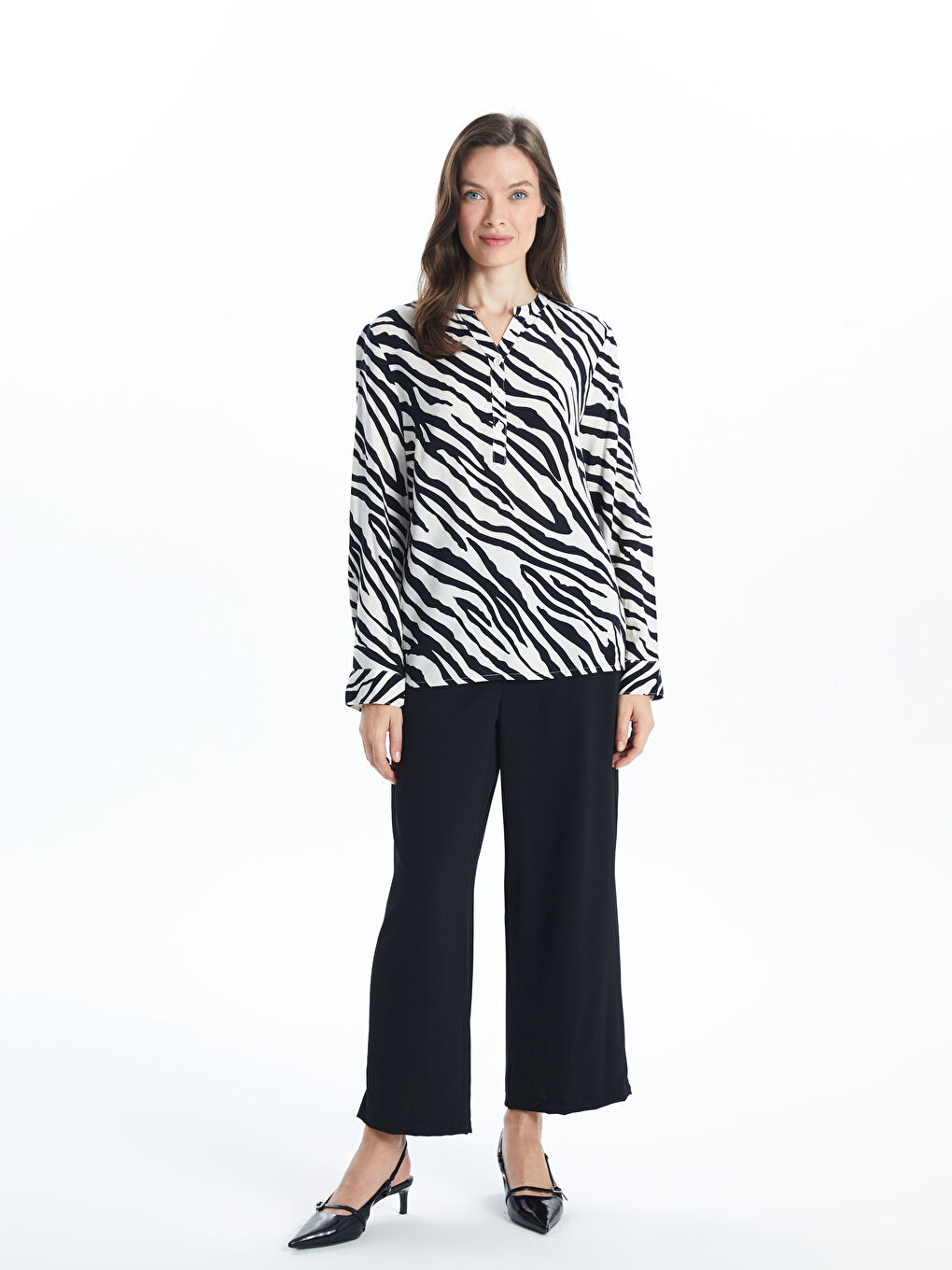 Henley Neckline Patterned Women's Blouse -S53332Z8-SWC