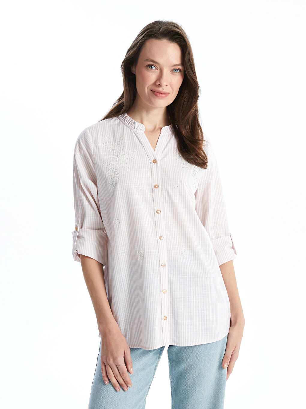 Women's Crew Neck Striped Poplin Shirt -S53335Z8-LE8