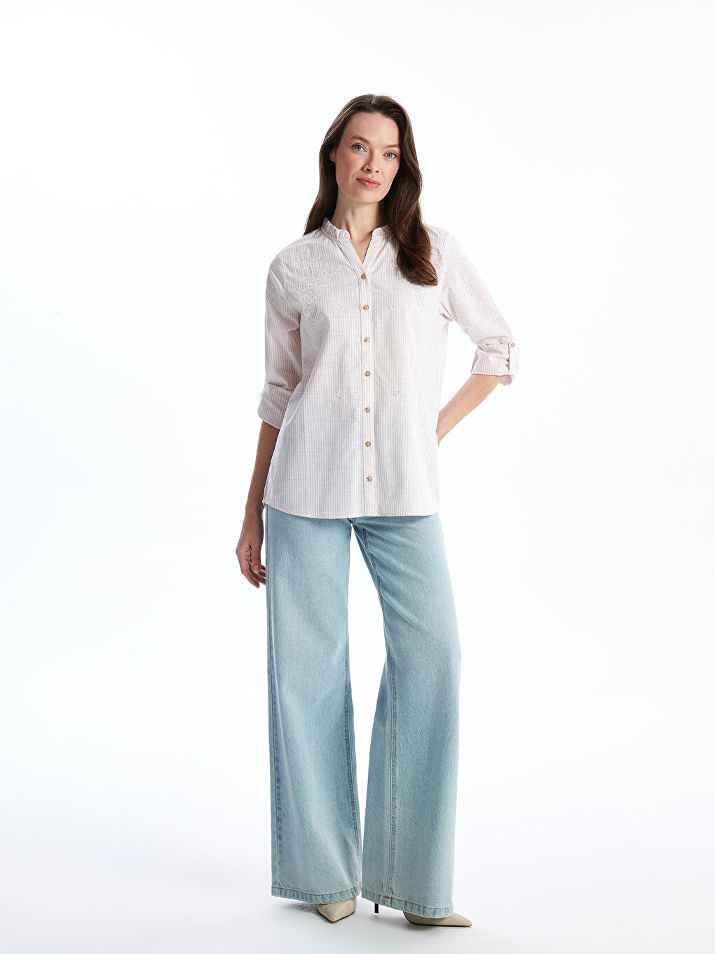 Women's Crew Neck Striped Poplin Shirt -S53335Z8-LE8