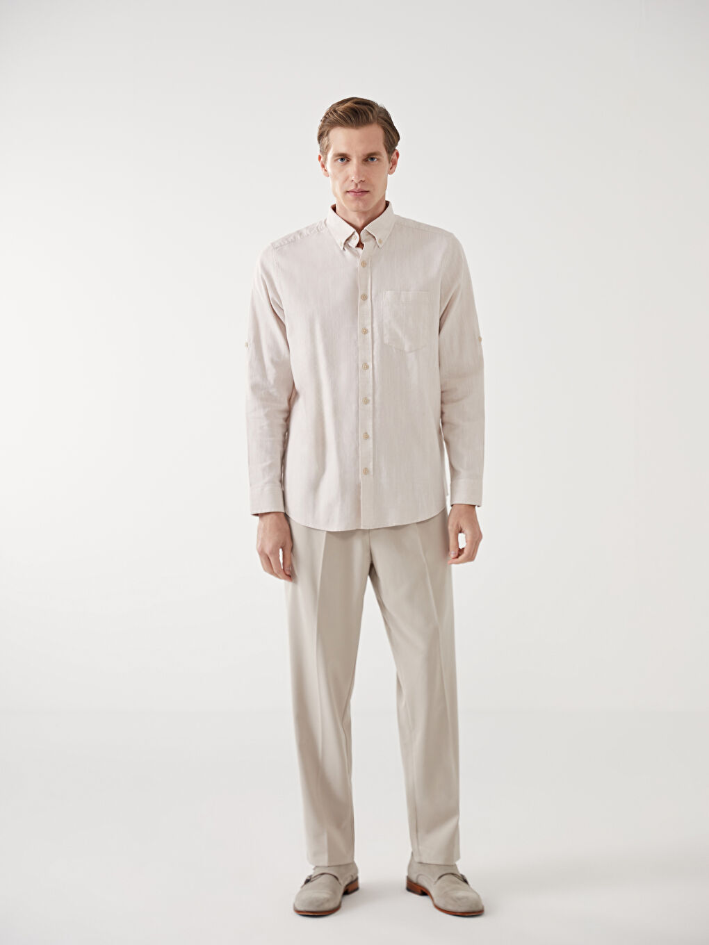 რეგულარული მორგება გრძელმკლავიანი ლინენის ნაზავი მამაკაცის პერანგი-1