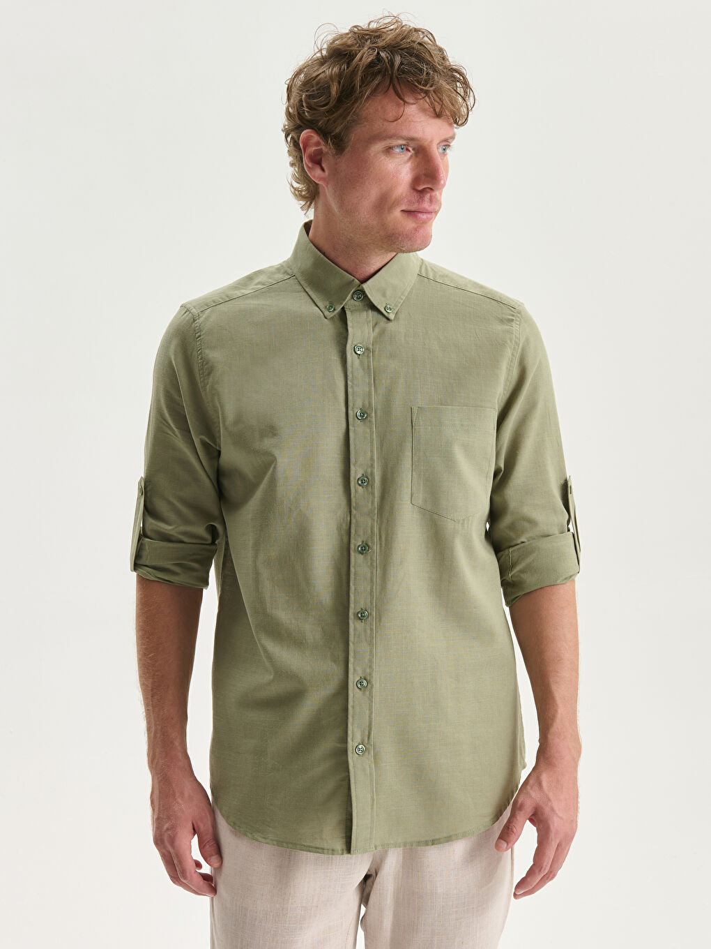 Regular Fit Long Sleeve Linen Blend Men's Shirt -S53339Z8-DBV